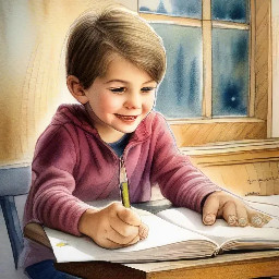 Highly detailed vibrant watercolor children’s book illustration, hand-painted traditional watercolor style, soft layered washes, visible brush strokes, subtle pigment bleeding, delicate ink linework, textured cold-pressed watercolor paper background, warm natural classroom lighting, joyful and imaginative atmosphere.  Scene setting:  Bright cheerful classroom interior during mid-morning sunlight. Large windows on one side allowing golden sunlight to stream in, soft glowing light beams painted with diluted yellow wash. Colorful alphabet posters on the walls, hand-drawn number charts, children’s artwork pinned to a corkboard, wooden desks arranged in a semi-circle, small indoor plants near the window, bookshelf filled with bright storybooks.  Foreground composition (center focus):  Four happy children interacting creatively inside the classroom:  • Boy 1 (age 8) – short curly dark hair, warm brown skin, wearing a bright blue short-sleeve shirt with subtle watercolor texture, khaki shorts, sitting at a wooden desk drawing with crayons, wide excited smile.  • Boy 2 (age 7) – soft straight dark hair, medium brown skin tone, wearing green overalls over a striped orange shirt, standing beside a globe, pointing at it curiously, gentle fascinated expression.  • Girl 1 (age 8) – braided hair tied with pink ribbons, caramel skin tone, wearing a flowing yellow dress with soft floral watercolor patterns, holding an open picture book, laughing softly.  • Girl 2 (age 7) – shoulder-length wavy black hair, warm golden-brown skin tone, wearing a purple cardigan over a mint-green skirt, round glasses, raising her hand confidently as if answering a question.  Near the children:  A fluffy grey-and-white classroom cat sitting on a desk, playfully batting at a pencil, tail curled around its paws, painted with soft layered brush strokes.  Around the classroom:  Small colorful birds (blue, yellow, and soft red) perched on the window frame and flying gently near the open window, wings softly blurred with loose watercolor strokes. A few feathers floating lightly in the air for movement.  Extra visual details:  Soft shadows under desks using diluted indigo wash. Sunlight reflecting gently off wooden floors. Subtle paint splatter details for playful energy. Warm glowing atmosphere created with golden wash overlay. Dreamy, storybook feel with harmonious color palette (coral, sky blue, sunshine yellow, soft green).  Composition:  Balanced center composition with children forming a semi-circle focal point. Slight eye-level perspective to create connection and warmth. High saturation yet soft blended watercolor tones. No harsh digital edges — authentic handmade watercolor appearance.  Typography placement:  Top center, above classroom chalkboard area.  Text style:  “Watercolor Children Book Illustration” in playful hand-painted watercolor brush lettering, soft gradient blend of pink, sky blue, and warm yellow, subtle shadow wash behind text for clarity.  Art style inspiration:  Classic storybook watercolor, soft expressive character design, whimsical classroom atmosphere, warm emotional storytelling.  -- vibrant watercolor pigments -- hand-painted texture -- soft lighting -- joyful classroom scene -- professional children book cover -- high detail -- 4k resolution -- warm tones -- whimsical mood